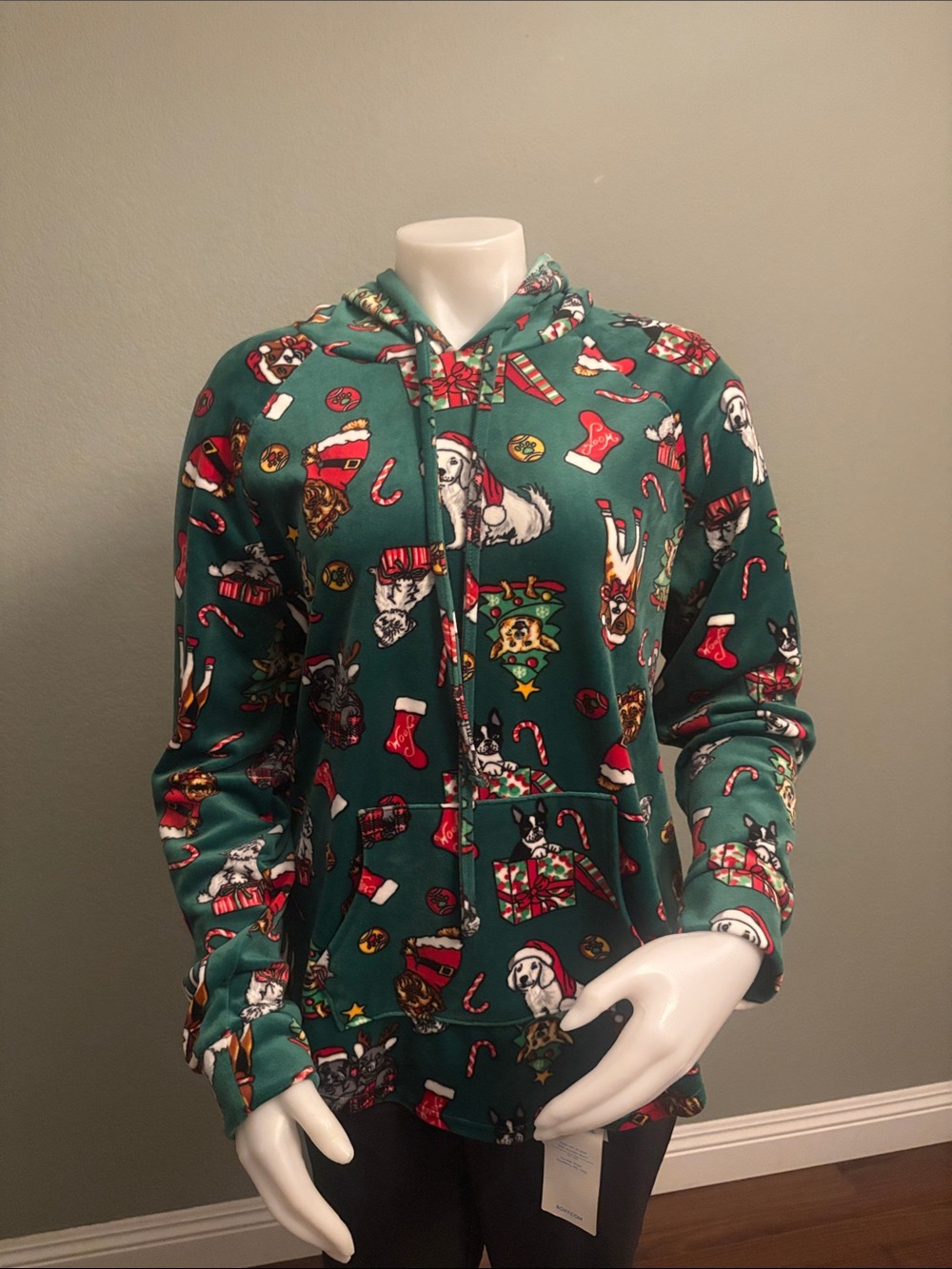 No Boundaries Teal Green Holiday Dog Print Hoodie Pajama Top